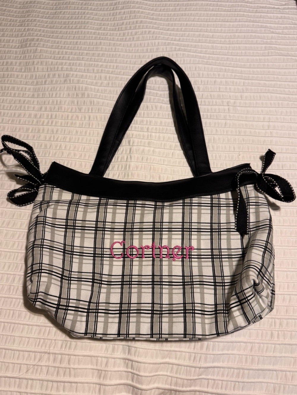 31 Gifts Black & White Plaid Tote Bag with Pink Embroidery